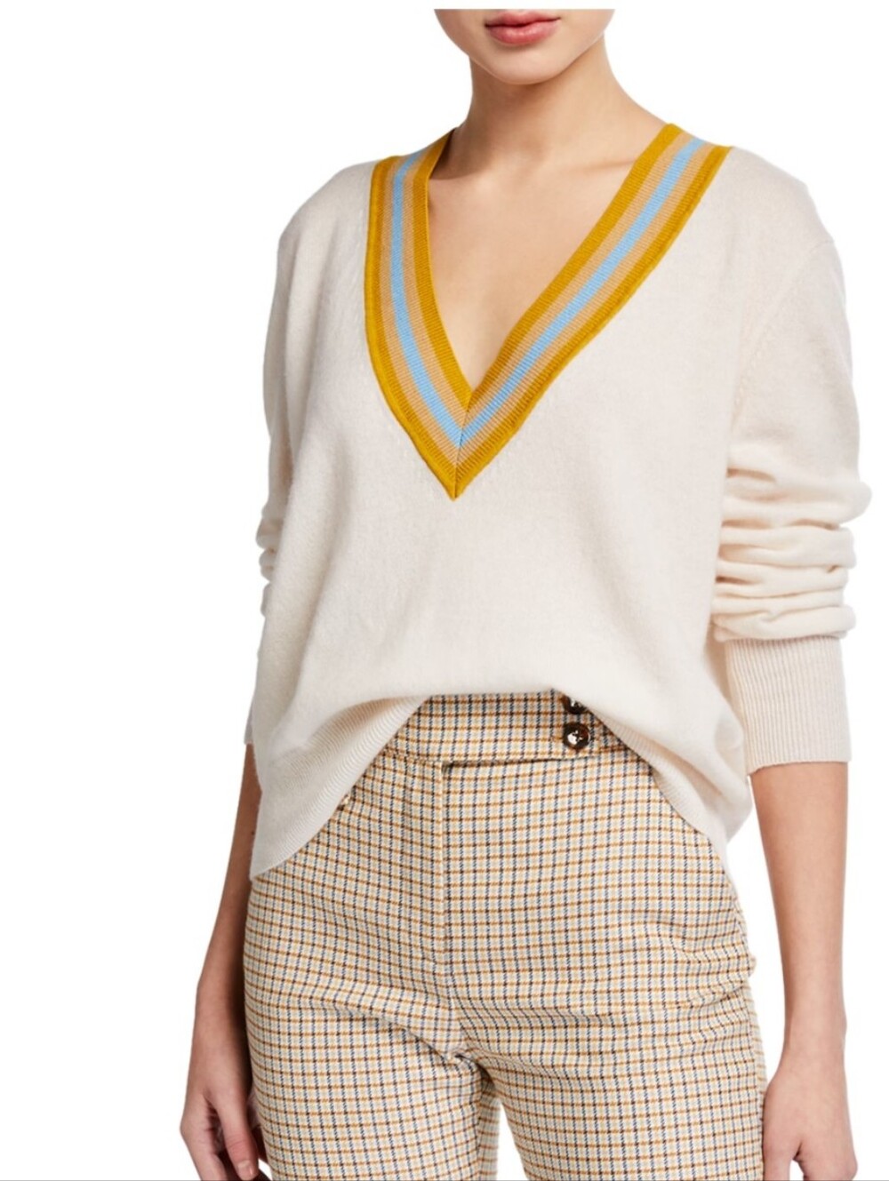 Veronica Beard Cream V-Neck Sweater with Mustard & Blue Trim